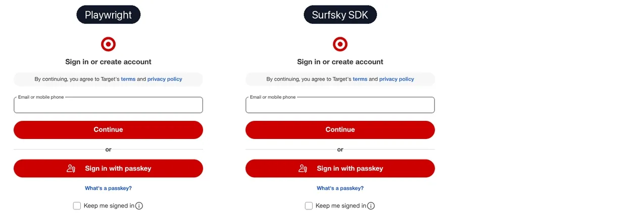 Cursor paths on the same sign-in form: Playwright on the left, Surfsky SDK on the right