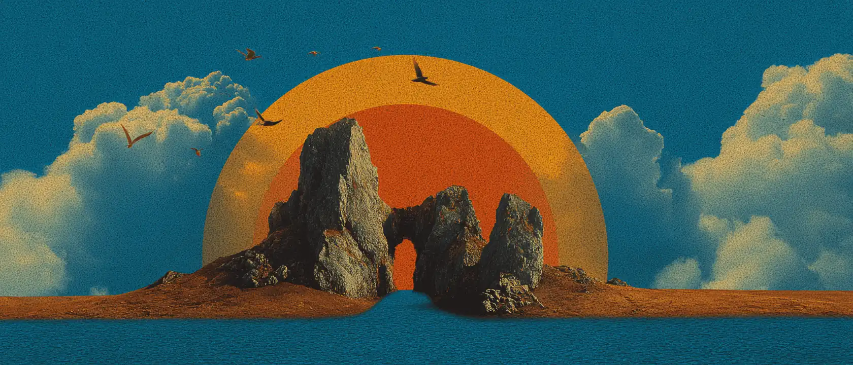 Surreal desert landscape with a glowing sun