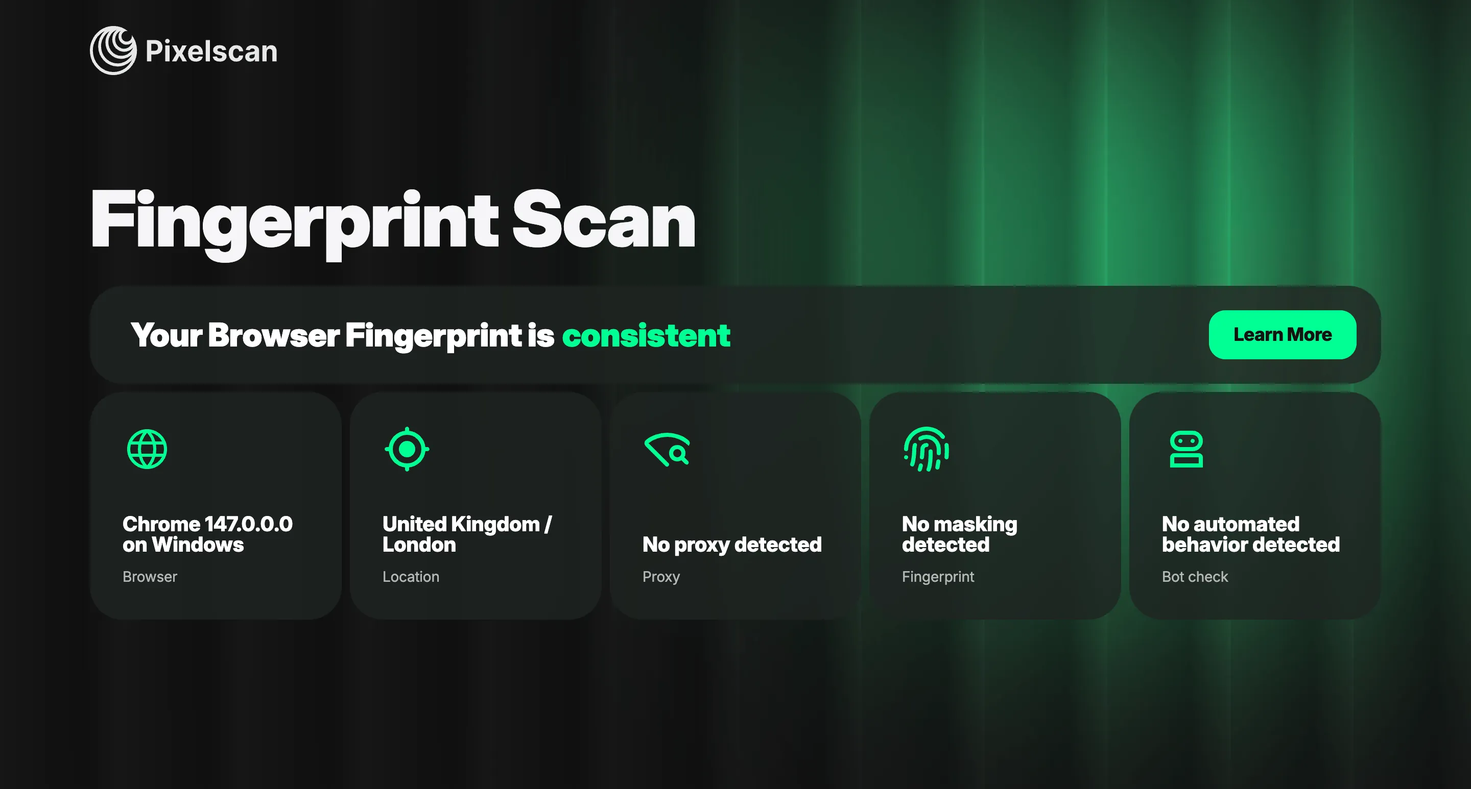 Pixelscan fingerprint scan showing a consistent browser fingerprint