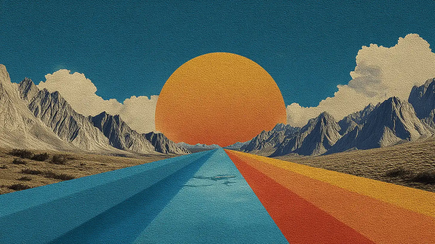 Surreal landscape — a sun rising behind mountains under a clouded sky