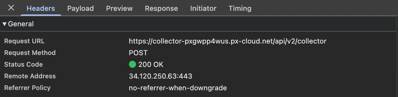 DevTools request headers for the POST to the PerimeterX collector