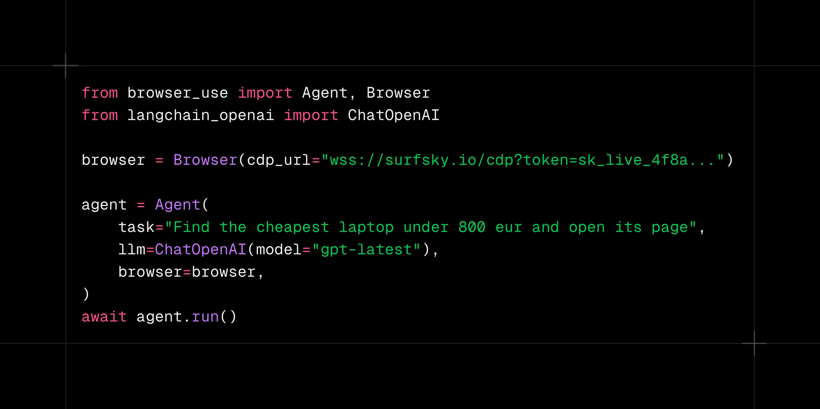 browser-use + Surfsky CDP connection code